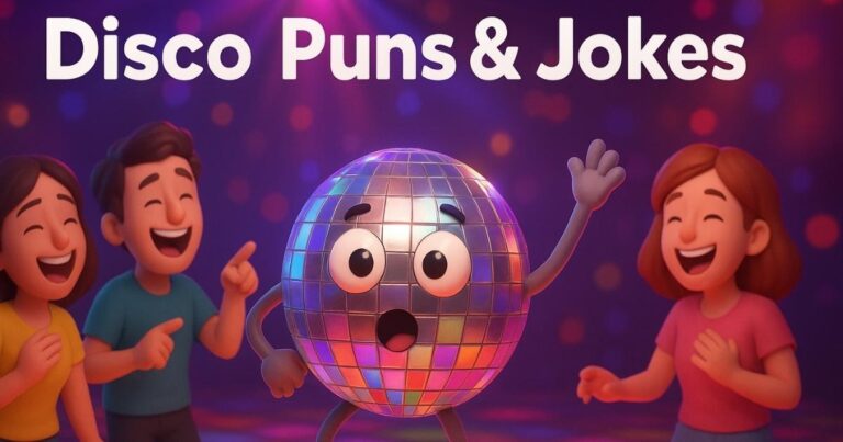 Create an image for this text: multicolor disco light dancing in disco enjoying himself. Create in 3D form size 16:9 text on image “Disco Question and Answer Jokes to Make You Chuckle” at the center bottom