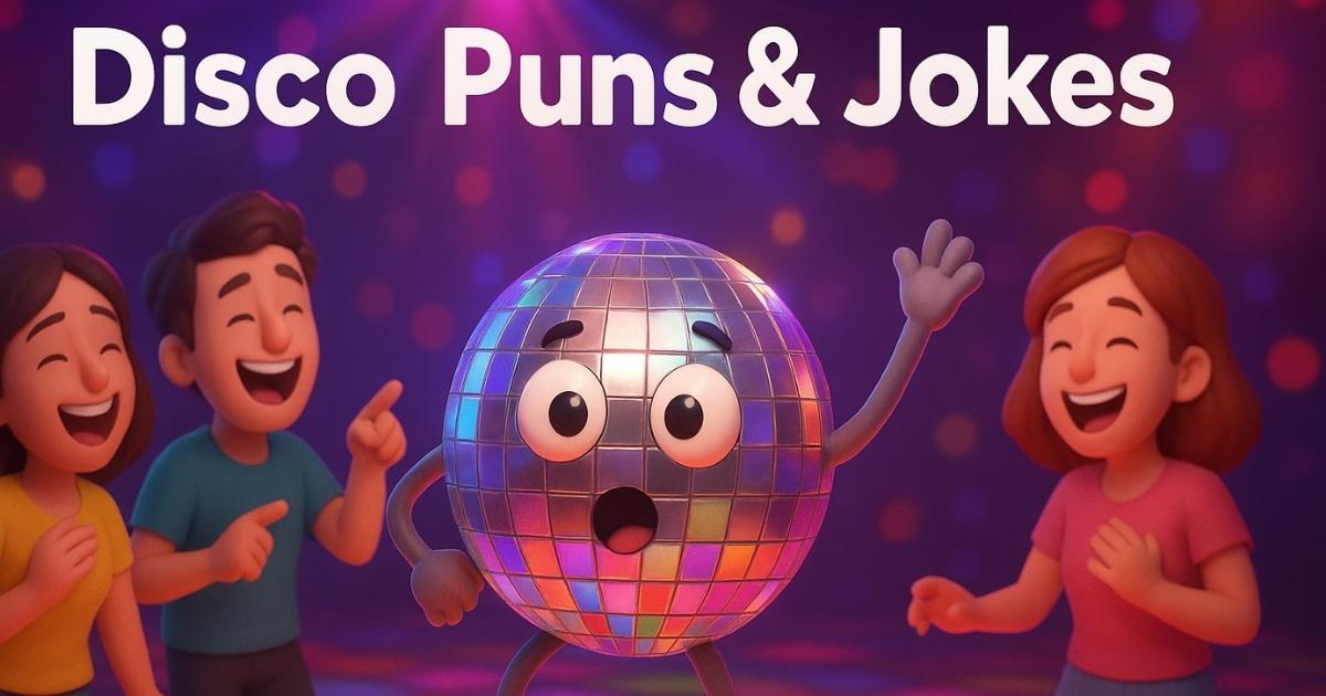 Create an image for this text: multicolor disco light dancing in disco enjoying himself. Create in 3D form size 16:9 text on image “Disco Question and Answer Jokes to Make You Chuckle” at the center bottom
